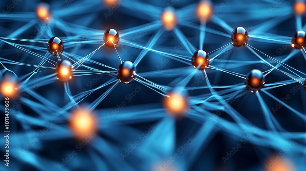 Poster a vibrant network of interconnected nodes illuminated by glowing lights, symbolizing digital communi