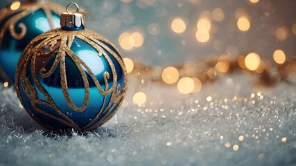 Obraz premium Christmas baubles on snow close-up photo, winter holidays background golden lights