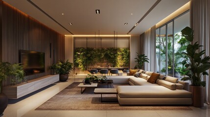 Fototapeta premium Modern living room with natural elements and elegant furnishings.