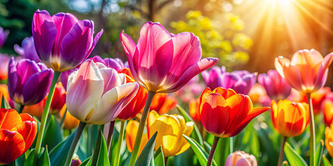 Naklejka premium Vibrant tulips sway gently in breeze, their colorful petals shining in warm sunlight, creating picturesque spring scene filled with joy and beauty