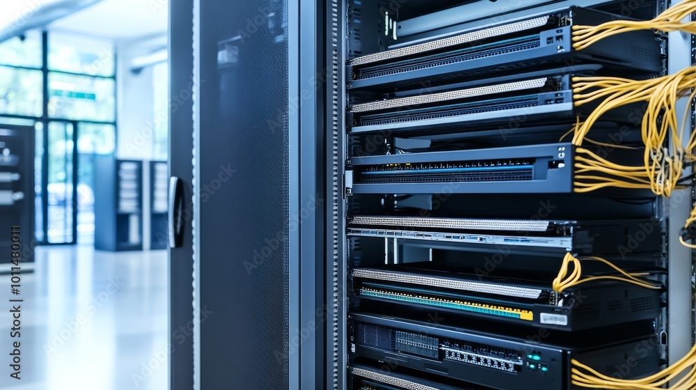 Poster a close-up view of a modern server rack filled with networking equipment and cables in a well-lit da