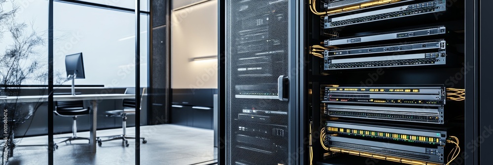 Poster a modern server room featuring sleek racks with cables, showcasing a high-tech environment designed 