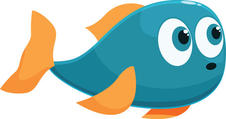 Cartoon illustration of a blue fish swimming with big eyes and orange fins