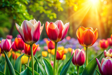 Vibrant tulip blooms unfurl delicate petals amidst lush greenery, illuminated by warm sunlight. scene evokes sense of tranquility and beauty in nature
