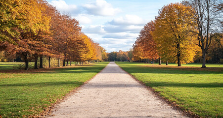 Fototapeta premium A long, tree-lined path in the fall, covered with larch trees, with yellow leaves and green grass on both sides.