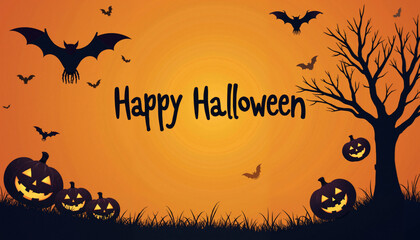 A simple Halloween illustration featuring jack-o'-lanterns, a silhouette of a bare tree, and bats against a dark orange background. The text "Happy Halloween" is written in a casual, handwritten font.