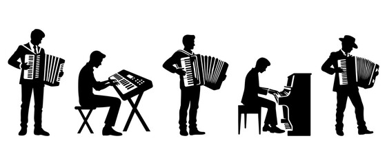 Man playing Accordion, Keyboard and Piano. Musician playing musical instruments silhouette black filled vector Illustration icon