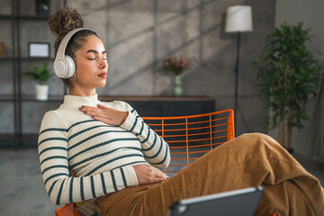 one woman meditate practice meditation at home self care concept