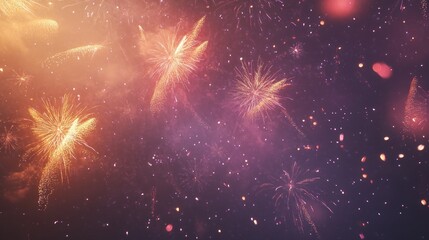 Fototapeta premium A vibrant display of fireworks lighting up a deep purple and gold sky, with shimmering sparkles scattered across the scene. Ideal for Diwali-themed event posters or celebratory announcements