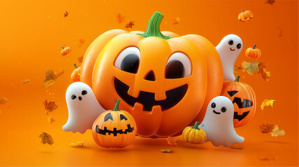 Illustrazione 3D Zucca di Halloween e Fantasmi