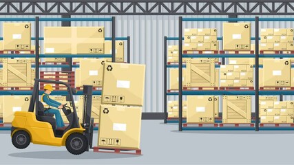 Animation of dangers of driving a forklift. Industrial worker in an accident with boxes falling on the fork lift truck. Work accident in a warehouse. Industrial Safety and Occupational Health