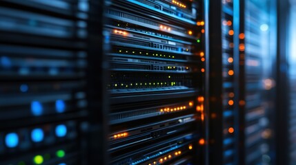 Naklejka premium Close-up of server racks with glowing lights at a data center.