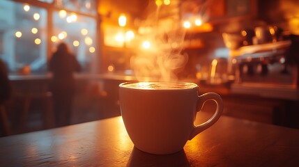 A close-up of a steaming cup of hot chocolate with a cozy, dimly lit café setting in the background. Soft, warm lighting from overhead, blurred silhouettes of people and a glowing counter behind.