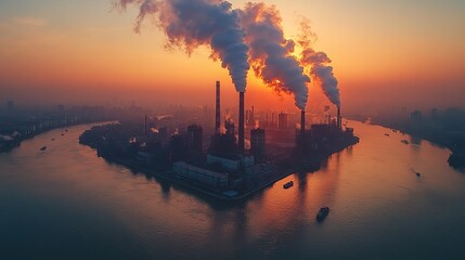 Fototapeta premium industrial power plant with thick co2 smoke from chimney pollution ,carbon dioxide emissions footprint from fossil fuel burning global warming cause ,urban environment problem from factories