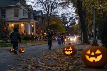 A lively Halloween street scene with children in colorful costumes, knocking on doors for treats. Jack-o-lanterns flicker on porches, orange leaves fall. The nostalgic and fun spirit of Halloween nigh