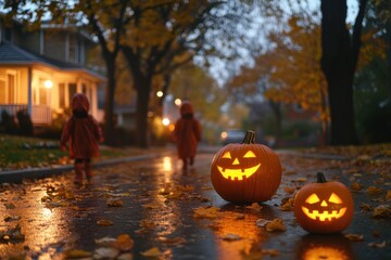 A lively Halloween street scene with children in colorful costumes, knocking on doors for treats. Jack-o-lanterns flicker on porches, orange leaves fall. The nostalgic and fun spirit of Halloween nigh