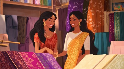A South Asian woman with warm brown skin and flowing black hair running a traditional sari shop, helping a bride-to-be choose a wedding sari from elegant fabrics.