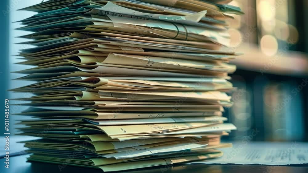 Poster overflowing files are piled high on a desk, suggesting a sense of overwhelming bureaucracy and the n