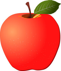 A juicy red apple with a green leaf