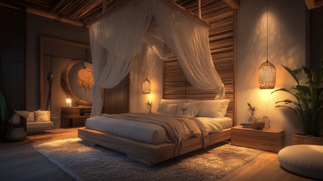 A cozy, elegantly designed bedroom with warm lighting and natural materials.