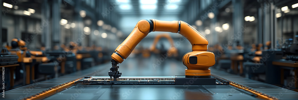 Poster an orange robotic arm operating in a highly automated industrial factory,showcasing the advanced tec