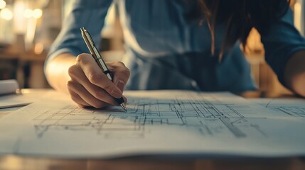 A close-up image of a woman's s hand holding a pen, working on architectural blueprints with detailed lines and measurements