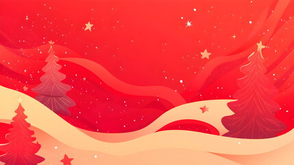 A Merry Christmas banner in flat vector style, ribbon-like design wrapping around the edges, plenty of space for text in the center, Christmas trees and stars in the crimson red background