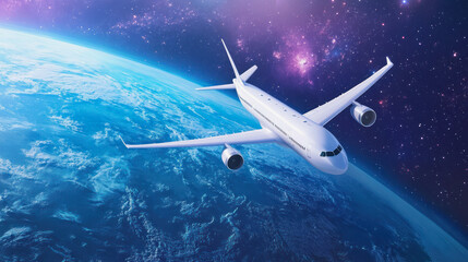 Fototapeta premium A plane soaring above the Earth, showcasing the beauty of our planet and the vastness of space in a breathtaking view