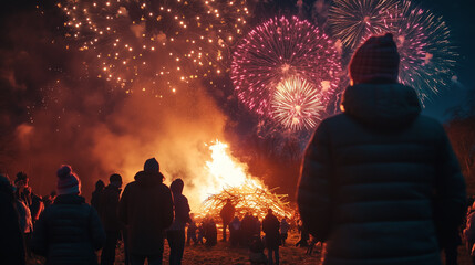 Guy Fawkes Night Festival in England, a large bonfire is burning in the middle of an open field, people gather around it, Ai generated images