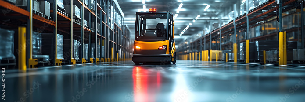 Poster Automated Forklift Vehicle Transporting Goods in Vast Warehouse Interior with Modern Lighting and Shelving Systems for Efficient Logistics and Distribution