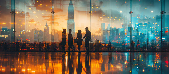 Fototapeta premium Double exposure of business people handshaking and cityscape background, group photo, double exposure photography 