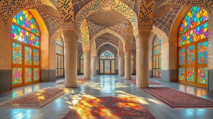 Obraz premium Sunlight beams through Nasir al-Mulk Mosque's stained glass windows, casting colorful reflections