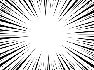 Fototapeta premium Sun Rays or Explosion Boom for Comic Books Radial Background Vector. Speed rays. Action, speed lines, stripes for comic book frame. Dynamic, speed stripes abstract frame. Comic book black background.