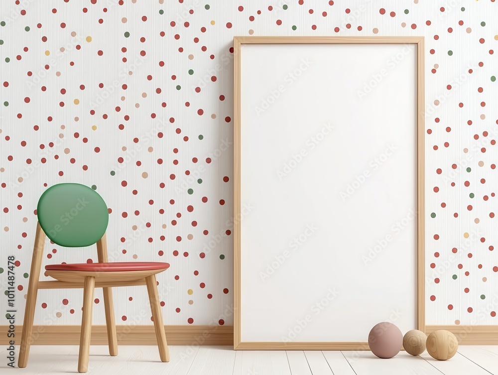 Aufkleber stylish chair and empty frame on playful wall