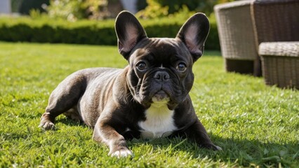 Brindle french bulldog lying outside in the garden