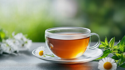 A calming cup of chamomile tea nestled among fresh flowers in a serene garden setting on a sunny afternoon