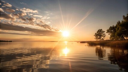 Obraz premium A vibrant sunset casts its warm glow over a tranquil lake, with trees silhouetted along the shore, reflecting in the water.