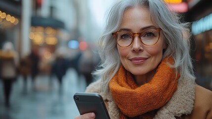 mature businesswoman holding smartphone waiting for business partner in the city beautiful older woman with gray hair standing on city street