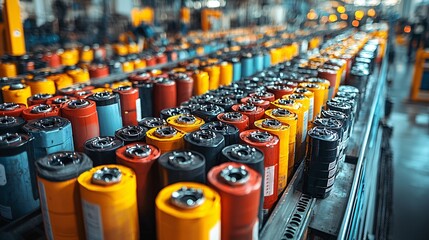 Fototapeta premium Colorful Battery Accumulators in Industrial Setting