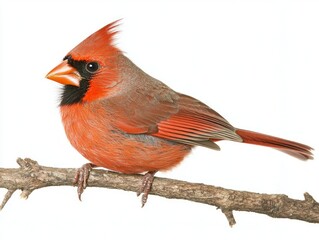 Naklejka premium northern cardinal elegantly rests on a branch, displaying its bright red plumage and distinct black mask. The bird stands out beautifully against a white backdrop.