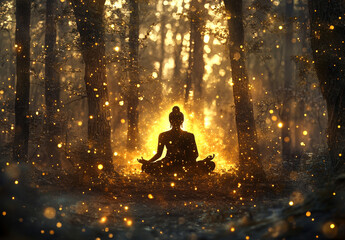 Obraz premium Buddha meditating in a lotus position under glowing trees, with ethereal lights and soft glow effects creating an aura around him. 