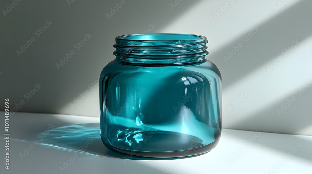 Poster elegant teal blue glass jar or container with minimalist lighting setup and dramatic shadow play in 