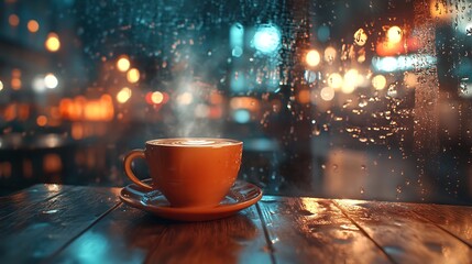 Obraz premium A cup of hot chocolate, steam rising softly, in a cozy, dimly lit café. Blurred raindrops on the window and a warm glow from café lights create a serene and inviting atmosphere.