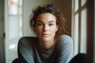 A calm, introspective woman sits by a softly lit window, her relaxed expression conveying peace and reflection, as natural light bathes the scene with warmth.