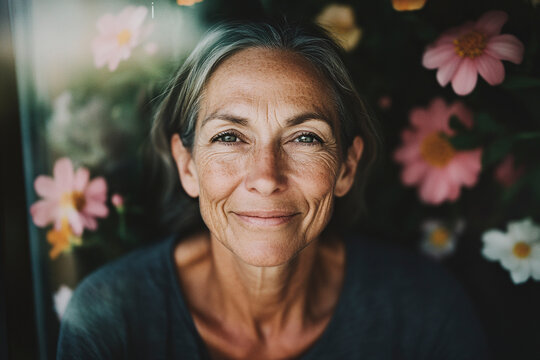 A woman with a warm smile poses amid colorful, vibrant flowers, capturing the essence of joy and serenity in a natural, garden-like surrounding.