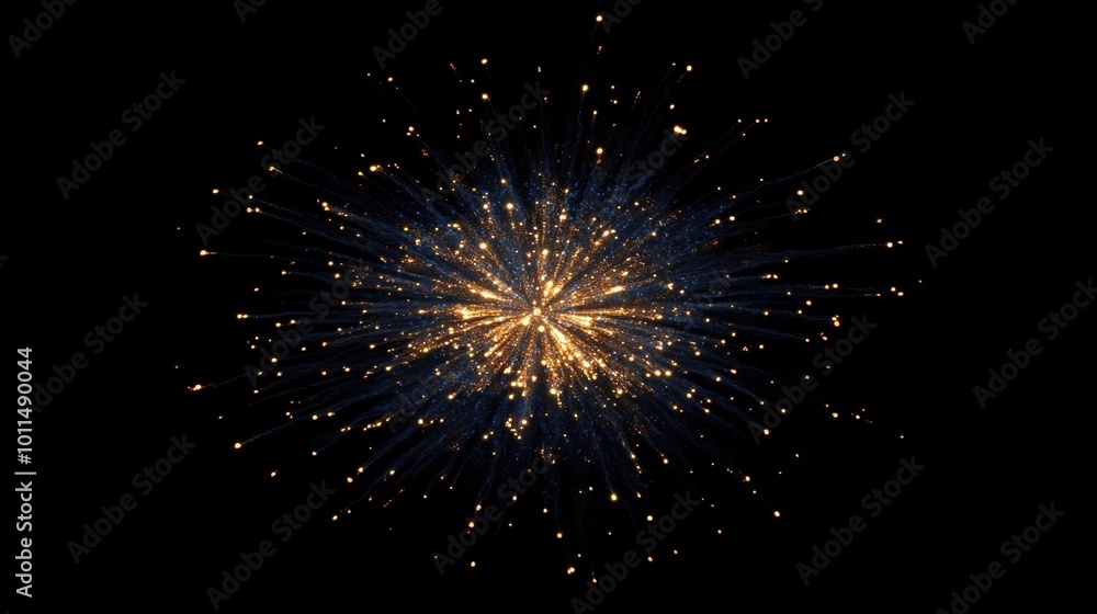 Poster new year's abstract background with sparkling blue and gold fireworks bursting in the sky, offering 