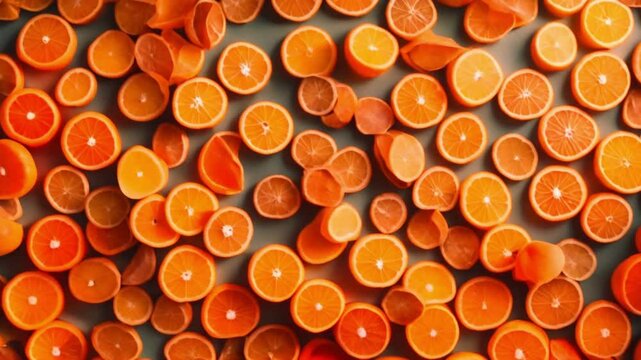 From a bird's-eye view, freshly cut oranges are displayed against a rotating background, emphasizing their unique textures. This visualization celebrates the essence of citrus fruits