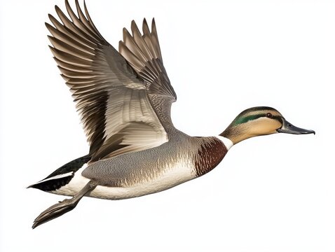 northern pintail glides effortlessly through the air, displaying its long neck and sleek body. Its pointed wings and striking colors create a mesmerizing sight against a clean background.