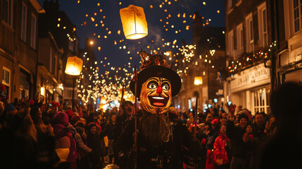 The lively Guy Fawkes Night celebrations, a large Guy Fawkes doll parade is carried around the town, lit by lanterns and torches, Ai generated images