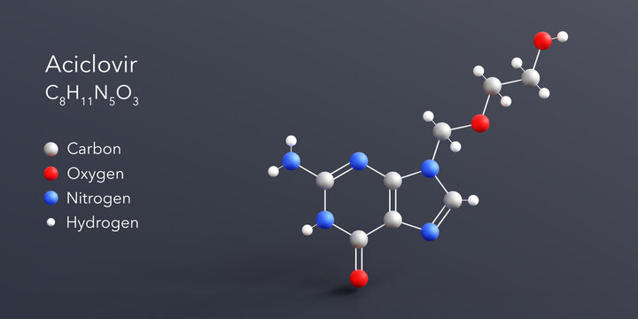 aciclovir molecule 3d rendering, flat molecular structure with chemical formula and atoms color coding